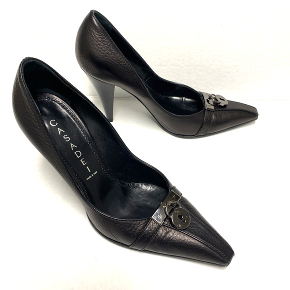 Casadei Pump Black Leather Point Toe Lock Charm Slim Heel Italy Slip On …